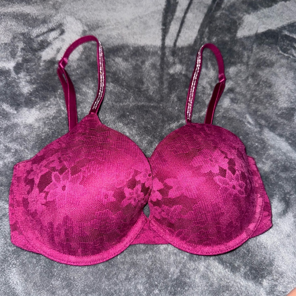 Victorias Secret PINK everyday Demi Bra 32 D Purple Magenta Silver Sparkle Strap
